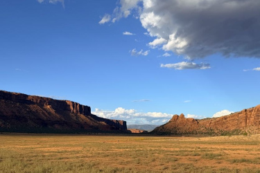 A scenic view of a vast, open landscape featuring red rock formations under a bright blue sky with scattered clouds. The foreground consists of dry grass and desert terrain, leading to rugged cliffs in the background that rise against the horizon.