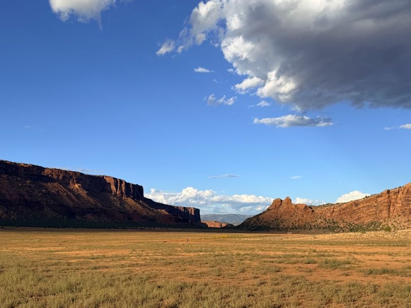 A scenic view of a vast, open landscape featuring red rock formations under a bright blue sky with scattered clouds. The foreground consists of dry grass and desert terrain, leading to rugged cliffs in the background that rise against the horizon.