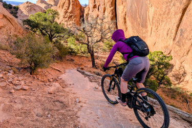 A mountain biker wearing a purple hoodie and gray shorts navigates a rocky trail surrounded by red rock formations and trees. The scene captures the adventurous spirit of biking in a natural landscape.