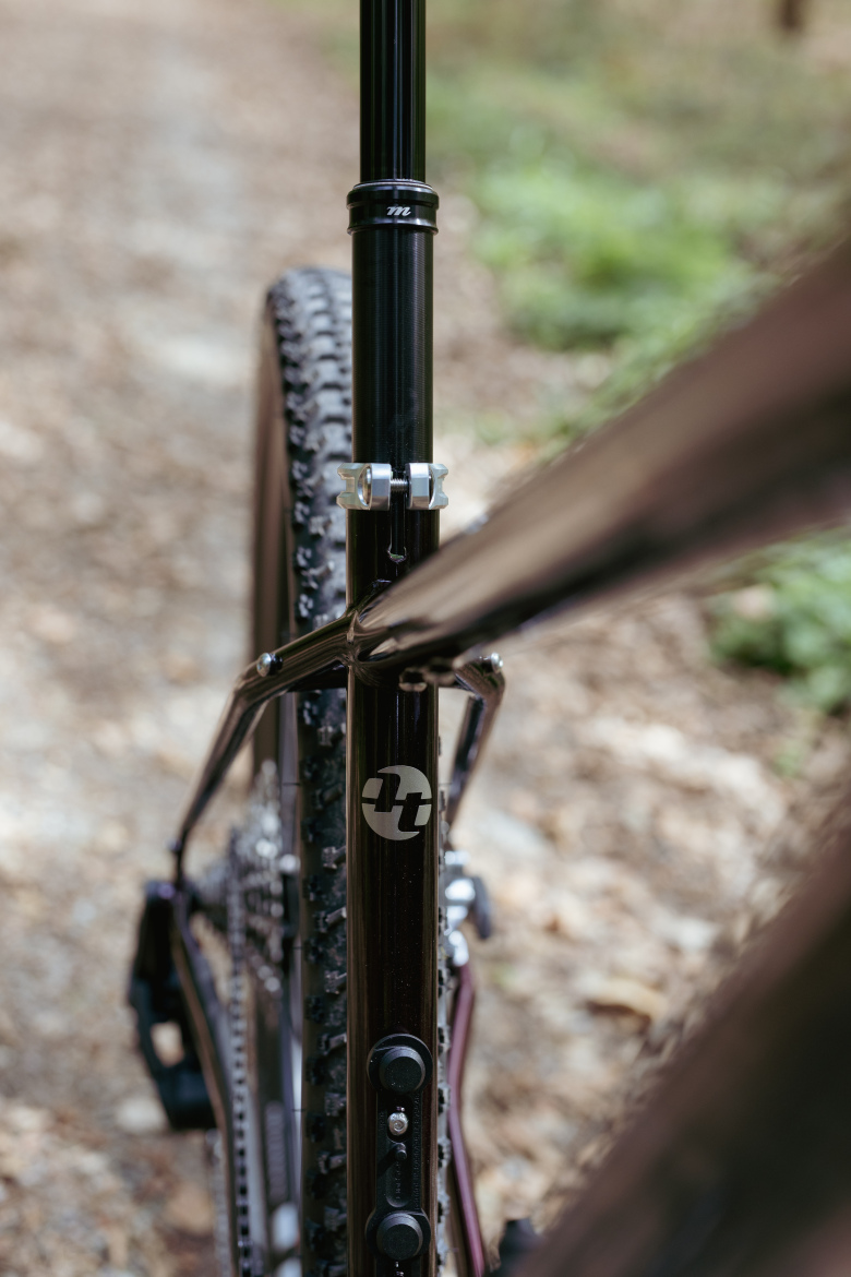 Close-up of a mountain bike's frame and saddle post, showing detailed components including a logo, clamps, and knobby tire on a trail with a blurred background of foliage and dirt.