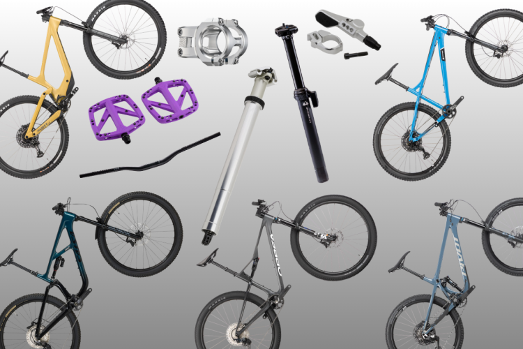 Alt text: A collage of bicycle components and frames, including two bikes in yellow and blue, purple pedals, a silver dropper post, black handlebars, and various bike parts on a gradient background.