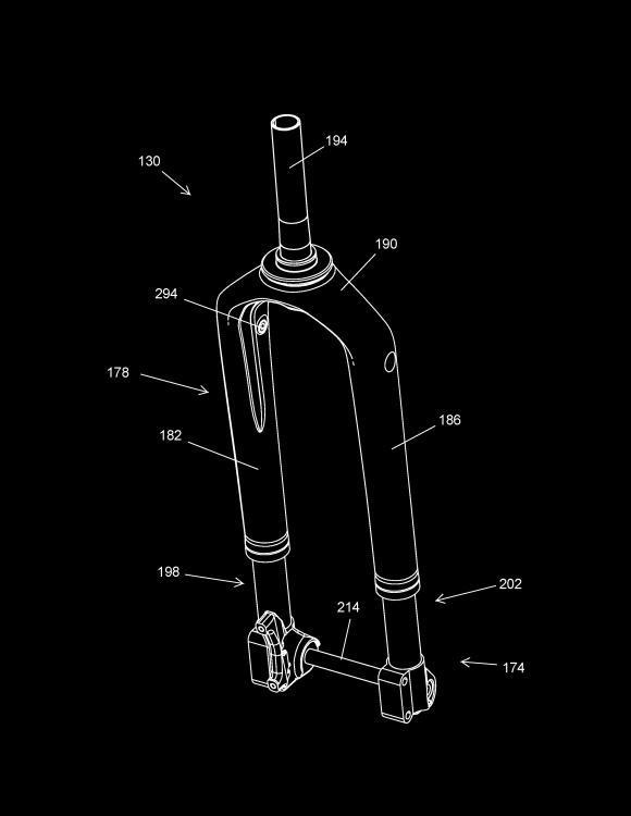 Illustration of a bicycle front fork with labeled components, including the steerer tube, lowers, and axle, set against a black background.