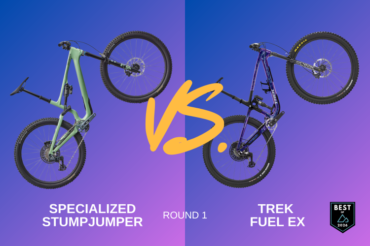 Alt text: Comparison image featuring two mountain bikes, the Specialized Stumpjumper on the left and the Trek Fuel EX on the right. Both bikes are displayed against a gradient background, with the text "ROUND 1" and "vs." in the center. The Specialized Stumpjumper is in a light green color, while the Trek Fuel EX is a vibrant purple.