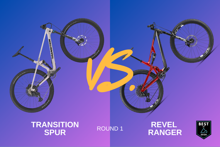 Alt text: A comparison image featuring two mountain bikes, the Transition Spur in white on the left and the Revel Ranger in red on the right, with a bright gradient background. The text "ROUND 1" is displayed at the top, and "vs." is prominently featured in the center.