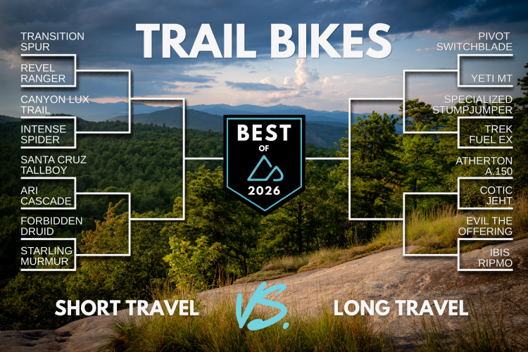 A tournament bracket for the "Best Trail Bikes of 2026" featuring two categories: Short Travel and Long Travel. Each category lists competing bike models, with a scenic mountain landscape in the background showcasing a variety of trees and dramatic skies.