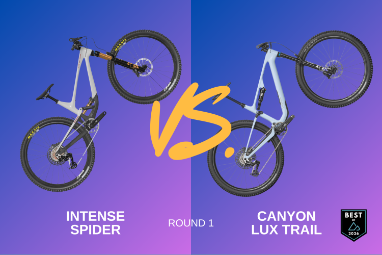 Two mountain bikes are displayed in a head-to-head comparison: on the left, the Intense Spider, and on the right, the Canyon Lux Trail. Both bikes are shown from an angled perspective, highlighting their frames and features against a gradient blue and purple background. In the center, the text "ROUND 1" is featured prominently, along with a "VS." to emphasize the competition. A badge labeled "BEST OF 2026" is located in the bottom right corner.