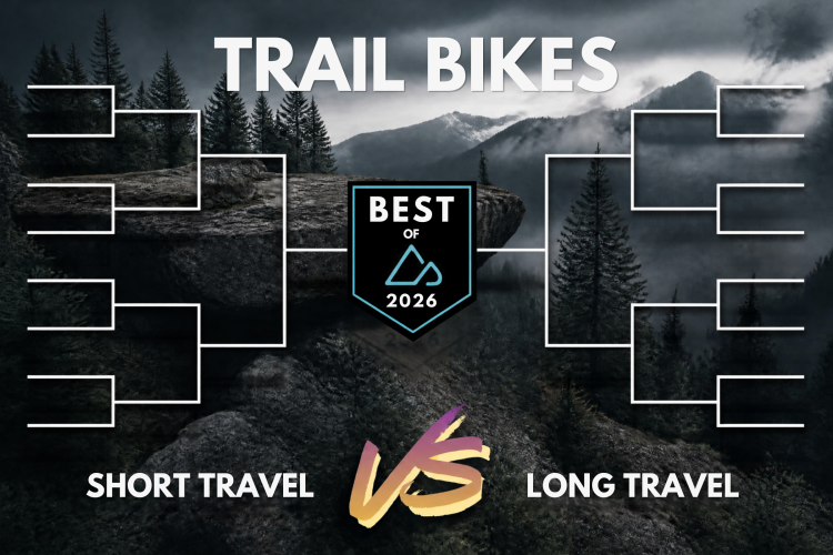 An illustrative bracket graphic for a competition titled "Trail Bikes: Best of 2026," featuring categories for "Short Travel" and "Long Travel" bikes. The background shows a mountainous landscape with dense trees, and the design includes spaces for competing entries, indicating a tournament style format.