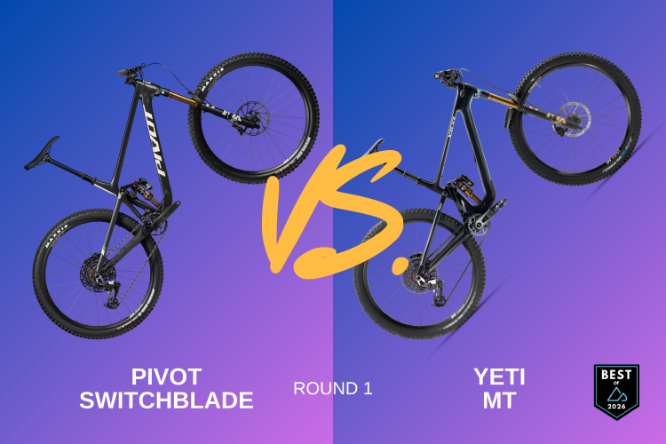 An image featuring two mountain bikes side by side against a gradient background. On the left, the Pivot Switchblade is displayed, and on the right, the Yeti MT. The text in the center highlights "vs." and "Round 1" in a bold, playful font. A badge in the corner indicates "Best of 2026."