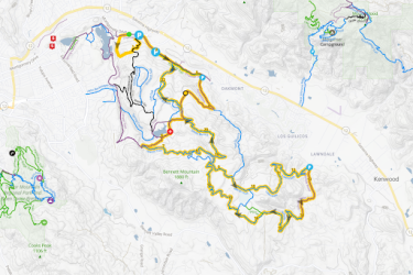 Map showing trails and points of interest in the surrounding area of Oakmont and Kenwood, California, including marked hiking and biking paths, elevation features, and nearby landmarks.