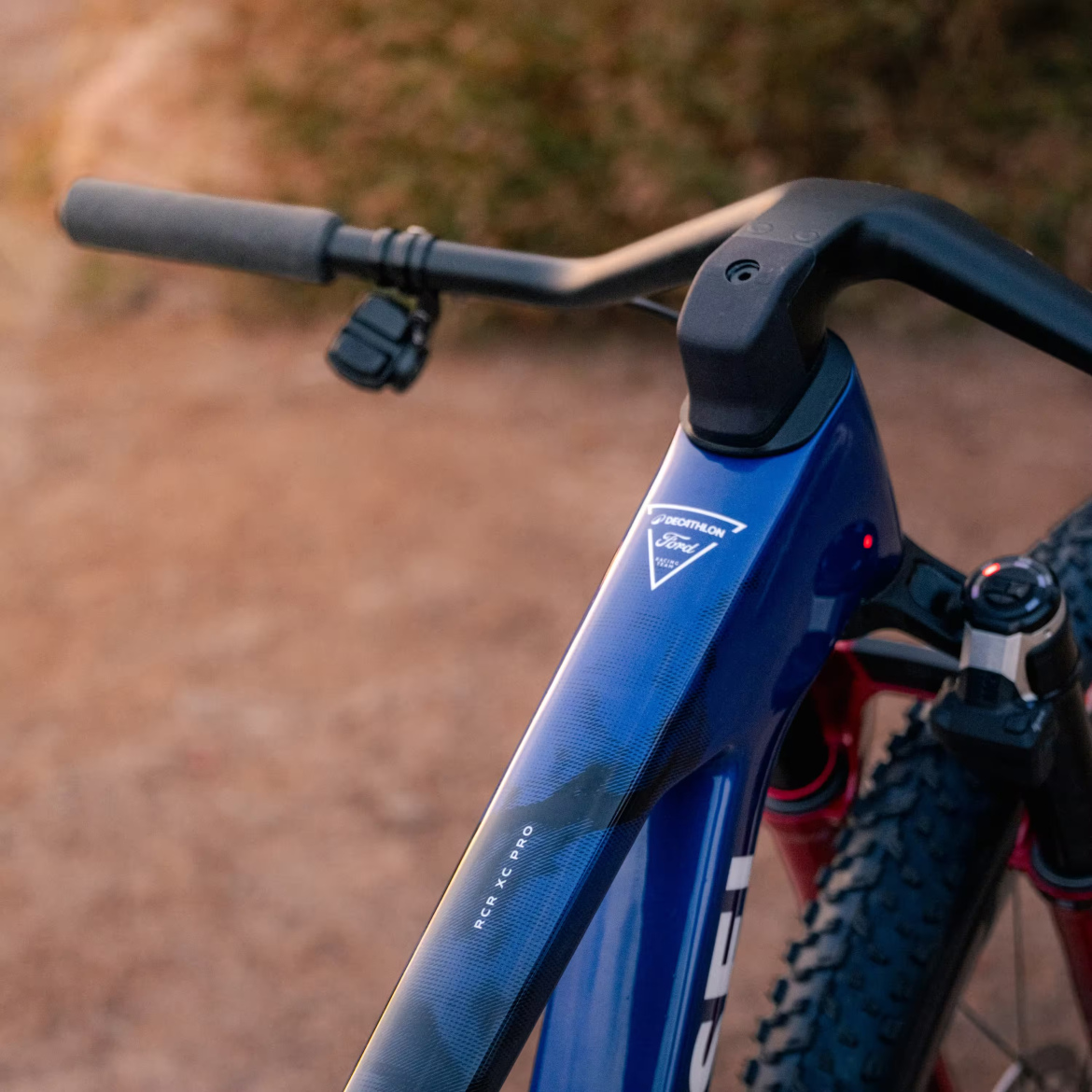 Close-up view of a mountain bike handlebar and frame in a natural outdoor setting, showcasing a blue and black color scheme. The image highlights the bike's handle grips and features, with soft sunlight illuminating the background.